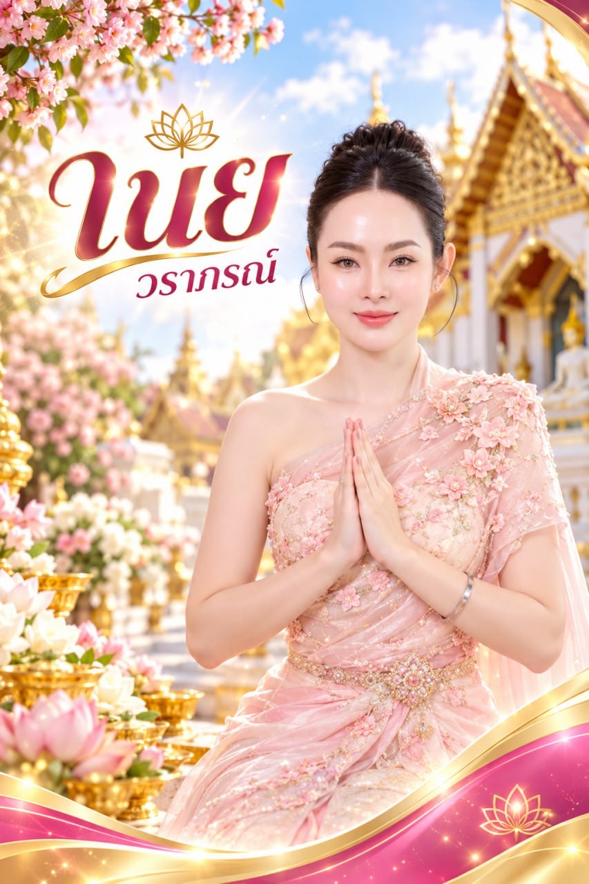 เนย วราภรณ์ ในชุดไทยสีชมพู